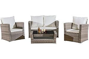 AFURNI Rattan Garden Furniture Grey 4 Pieces Outdoor Patio Conversation Set with Patio Love Seats, Coffee Table,4 Seater Outdoor Table and Chairs