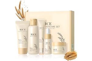 OPEIXSAYKOC Riso Kit Cura Della Pelle Donna 5 Pezzi, include Rice Toner,Essenza,Crema,Siero per gli occhi,Detergente,Kit Skincare Viso Completo,Rassodante,Idratante,Non Grasso,Adatto a Tutti i Tipi di Pelle