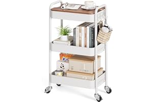 KINGRACK Carrello con Ruote Portatutto Cucina 3 Livelli, Carrellino Salvaspazio con Tavole Rimovibili - Bianco, per Cucina/Soggiorno/Camera, Struttura in Metallo, Facile Montaggio, 44x30.5x79 cm