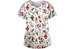 HSUAYEUD Womens Christmas Scrubs Tops Nurse Holiday Tunic Healthcare Uniform Casual Short Sleeve V-Neck Cute Santa Snowman Print Medical Scrubs with Pockets