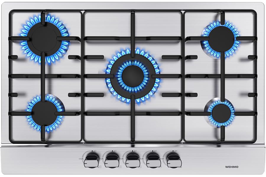 5 Burner Stainless Steel Gas Hob, Built-in Hob, 76 cm, 10500 W, Slim Profile, Flame-Out Protection, Natural Gas/Propane/Butane, 76 x 50 x 4.5 cm