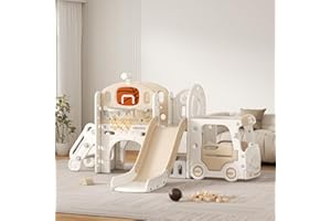 VUECER Rutsche mit Klettergerüst für Kinder: Indoor Spielplatz mit - Aufbewahrungsbox Tunnel Treppenleiter Basketballkorb und Durchgangsbereich Gartenrutsche (Star Set-G-Brown)