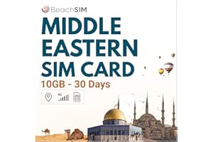 BeachSIM Carte SIM Moyen-Orient. 10 Go Pendant 30 Jours. Tunisie, Turquie, Algérie, Qatar, Arabie Saoudite et Émirats Arabes Unis. Carte SIM avec données Uniquement.
