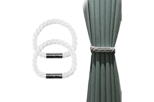 FVIZAL 2 Pieces Strong Magnetic Curtain Tie Backs, Strong Magnet Curtains Clips Tiebacks, Hand Knitting Rope Curtain Holder Decoration for for Thin or Thick Home & Office Window Drapery (White)