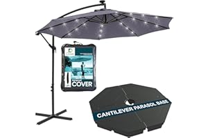 Divine Style 3M Cantilever Parasol with Base Included, LED Lights and FREE Waterproof Cover for Outdoor Patio