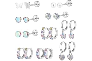 Byfoyif 10 Paires Boucles d'Oreilles Fille, Boucle d'Oreille Stitch Argenté et Créoles Fille Strass, Boucles d'Oreilles Multicolore, Motif de Papillon/Fleur/Coeur/Étoile/Perle, pour Enfant Femme