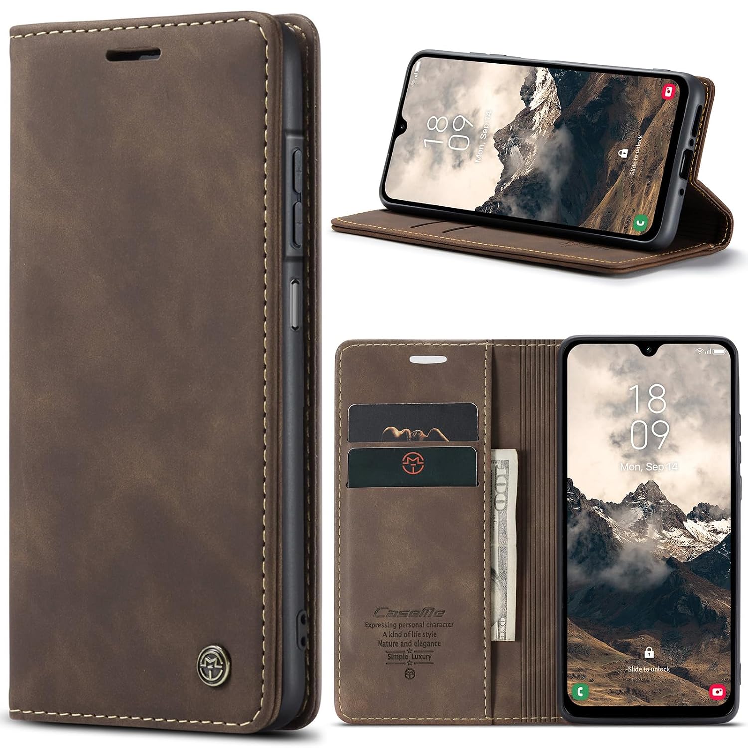 Azororo Beschermhoes voor Samsung Galaxy A26 5G, premium lederen beschermhoes, portefeuille, flip case, magneetsluiting, beschermhoes voor Samsung Galaxy A26, koffiebruin