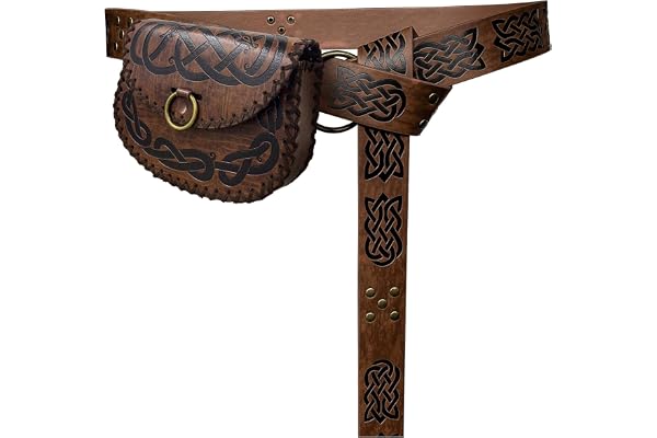 HiiFeuer Ceinture médiévale avec Anneau torique en Relief Nordique, Ceinture Vintage en Cuir synthétique et Poche latérale pour LARP