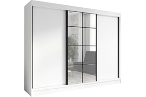 ‎A&J MÖBELLAND A&J MöbelLand Schwebetürenschrank ORAVELLE Kleiderschrank 3-türig mit Schubladen und Spiegel Garderobenschrank 200 cm (Weiß)