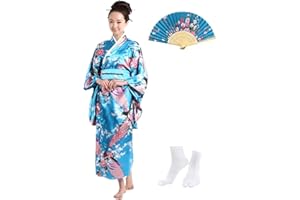 KRUIHAN Traditional Japanese Kimono Women Yukata Robe Silky Dressing Gown Japanese Style Dresses for Women,Party Fancy Dress Cosplay Costume with Folding Fans Tabi Socks Set