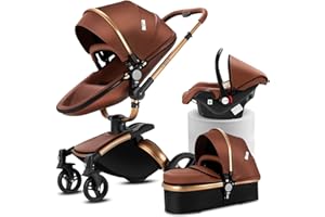 Doraystar 360° Rotazione Pelle PU Passeggino 3 in 1, Passeggino Trio con Design Pieghevole in Un Clic, Trio Passeggino Neonati con Grande Nacelle Comoda, Trio Neonato con Telaio Alluminio (906 Brown)