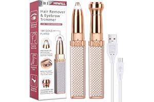 HIWILL Recortadora de cejas y depilación facial para mujeres, maquinilla afeitar cejas 2 en 1 y afeitadora de cabello indolora recargable para cara, cejas, labios, barbilla con luz LED integrada (oro rosa)