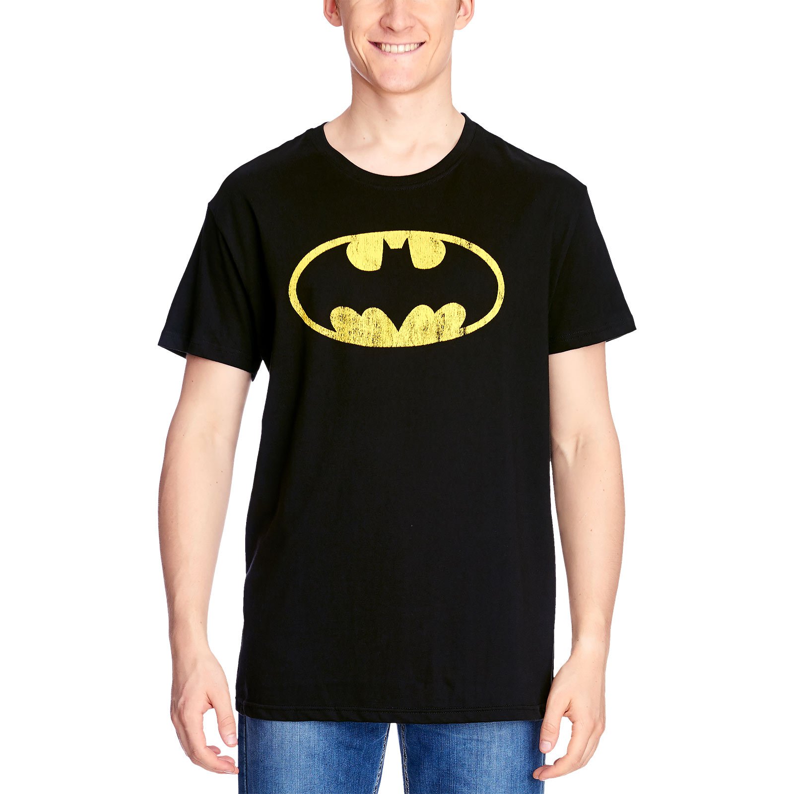 Elbenwald-Cooles-Batman-Logo-Fan-T-Shirt-Distressed-Shield-Baumwolle-Schwarz