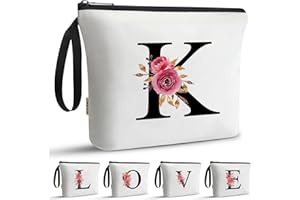 A-Z BAG Personalised Initial Makeup Bag with Floral Letter,Gifts for Women,Mum,Friend,Sister,Teenage Girls,Bridesmaid,Cosmetic Wash Bag & Toiletry Pouch,K