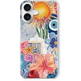 Multitronic iPhone 16 ile Uyumlu G&uuml;neş &Ccedil;i&ccedil;ekleri ve Nazar Boncuğu Desenli Şeffaf Telefon Kılıfı
