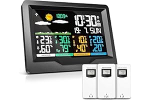 OULE GmbH wetterstation funk mit 3 außensensor, thermometer innen außen,Hygrometer innen,wetterstationen innen und außentemperatur funk mit wettervorhersage,DCF-Funkuhr