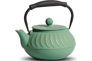 GUANGHEIRON Théière en fonte de 700 ml – Passe sur la cuisinière – Avec infuseur pour thé et café – Théière japonaise avec intérieur émaillé et poignée en silicone – 700 ml – Vert