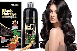 RILSIC 500ML Champú Tinte Pelo Negro, Black Hair Dye Shampoo 3 en 1, Champú Color Negro Champu Tinte Canas Instantáneo Cubre Canas, Tinte Pelo Barba Champu Canas, Hair Color para Hombres Mujeres