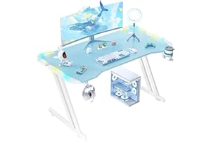 HLFURNIEU Scrivania Gaming Blu con LED, Scrivania Gamer 120 × 60 cm, Scrivania da Gaming con Pannello in Fibra di Carbonio, Gaming Desk per Computer con Portabicchieri e Gancio per Cuffie