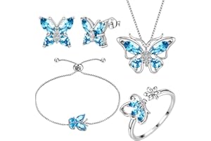 Aurora Tears 925 Sterling Sliver Butterfly Necklace Earrings Rings Birthstone Jewellery Set Pendant Dating Pendant Gifts for Women and Girls
