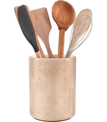 Porte-Ustensiles De Cuisine En Travertin Fait Main - Organisateur Comptoir Marbre Beige 14x16,5 Cm