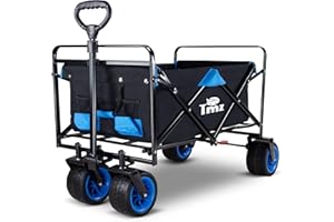 ‎TMZ TMZ All-Terrain Faltbarer Bollerwagen mit Fußbremse, Breiter Auto-Reifen Gartenwagen, 90 L Handwagen, Praktisch Integrierte Vorderradlenkung Transportwagen Klappwagen, Last bis 120kg(Schwarz/Blau)