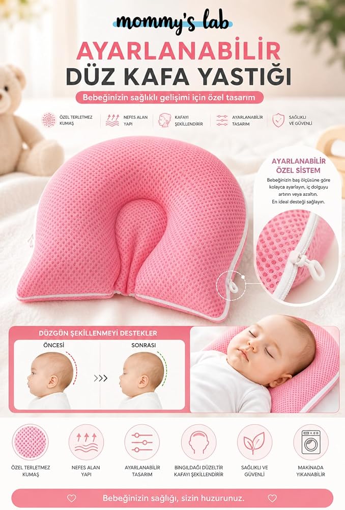 Mommyslab Ayarlanabilir Düz Kafa Yastığı, 3D Air Mesh Kumaş, Pembe, 32x18 cm