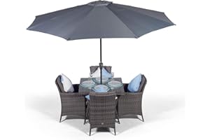 GIARDINO Savannah Rattan Dining Set | Luxury Square 4 Seater Grey Rattan Dining Set | Outdoor Poly Rattan Garden Table & Chairs Set | Wicker Garden Dining Set with Parasol & Cover