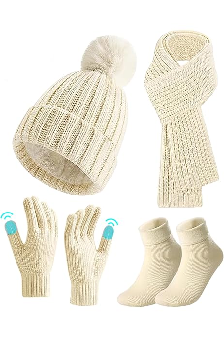 Ensemble Bonnet Écharpe Gants Chaussettes 4pcs - Hiver Pompom - Écran Tactile - Cadeau Femme