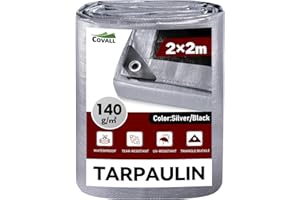 Covall Tarpaulin waterproof Heavy Duty Tarp Groundsheet 2x2m Sheet Cover with eyelets 140g/m² Silver/Black Multipurpose for roof pool cars truck Rv champing tent building garden pet shed Tarp