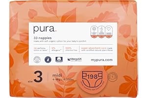 Pura Ekologiczne pieluchy, rozmiar 3 (Midi 4-9 kg), 198 pieluch (6 opakowań po 33 sztuk), miesięczne pudełko, certyfikat EU Ecolabel, bawełna organiczna, bezzapachowa, ochrona przed wyciekami przez 12