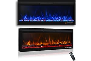 Mystflame BI42R - Camino elettrico da parete, Stufa con 13 colori di fiamma e luce inferiore, letto di combustibile di tronchi e cristalli, termostato 750/1500 W, controllo remoto e touch screen