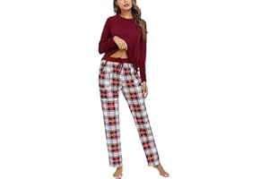 Uniexcosm Pijama Mujer Largo, Pijama Mujer Cuadros Pijama Conjunto Mujer Algodón Conjuntos de Pijama con Cuello Redondo Plaid Pajamas 2 Piezas con Bolsillo Suave para Hogar