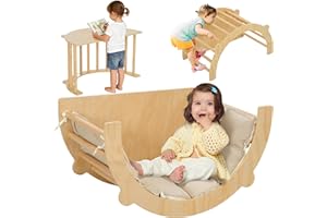 AIYAPLAY 3 en 1 Arche Escalade Enfants, Chaise à Bascule et Table de Jeu avec Coussin - Parcours motricité bébé en Bois d'intérieur pour garçons & Filles de 18 à 48 Mois, Bois Naturel