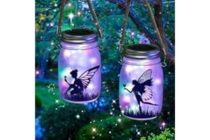 SIMSPEAR Fairy Solar Lantern Outdoor, 2 Pack Solar Fairy Lights Glass Mason Jar LED Hanging Lamp, Fairy Garden Ornaments Outdoor, Garden Accessories Outdoor for Table, Yard, Garden, Patio, Lawns (Multicolor)