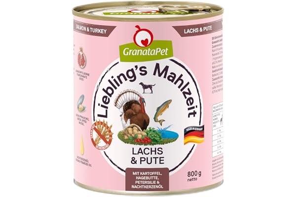 GranataPet Liebling's Repas au Saumon et à la Dinde - Nourriture Humide pour Chien - sans céréales et sans Sucre - Aliment Complet - 6 x 800 g