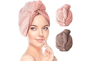 RENFOX Toallas para el Cabello, Toalla, Toalla Turbante para el Pelo, Turbante de Secado Rápido, Cabello Turbante de Secado rápido Coral Fleece con Botón del Abrigo, SPA (2-Pack)