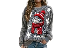 Generisch Damen Weihnachten Katze Print Flanell Sweatshirt Xmas Neuheit Niedlich Rundhals Pullover Tops Urlaub Bequem Festliche Kleidung Winter Casual Mode Weich Warm Pullover