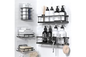 YASONIC 5 Pezzi Mensola Bagno Mensola doccia senza foratura, Con Portaspazzolino e Portasapone Doccia, 4 ganci removibili, Portaoggetti Doccia Organizer Doccia Mensola Bagno Adesiva - Nero