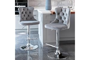 HomeTouch Set of 2 Luxury Velvet Barstools, Elegant Swivel Design with Adjustable Height for Kitchen Breakfast Bar and Counter Seating or Lounge Space (2, Grey Velvet)