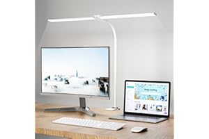 ‎HENSAM Hensam Schreibtischlampe LED für Büro, Tageslichtlampe für Monitor, 1400LM, Dimmbar, Klemmbar, Arbeitsplatzleuchte, Schwanenhals, Doppelkopf, 5 Farbmodi-Helligkeitsstufen, Weiß