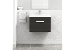 ROYAL BATHROOMS.CO.UK 600mm Wall Hung Bathroom Vanity Unit Mid Edge Basin 1 Drawer Storage Cabinet Furniture - Hale Black