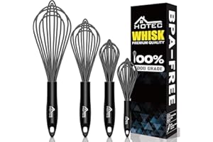 HOTEC Set di 4 fruste in silicone, fruste a palloncino con manico antiscivolo, per pentole antiaderenti, perfette per cucinare, mescolare, sbattere e mescolare (nero)