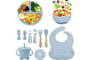 BIZCASA Biczasa 11-częściowy zestaw do karmienia dzieci: talerz silikonowy z przyssawką, łyżka, widelec do śliniaków, zestaw do jedzenia dla niemowląt z pokrywkami