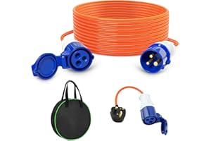 VONLUX 25 m Electric Hook Up Cable - Camping Extension Lead, Waterproof Caravan Lead Power Cable with Carrying Bag, 13A Plug to 16A 3 Pin Socket Converter for Motorhome and Campervan