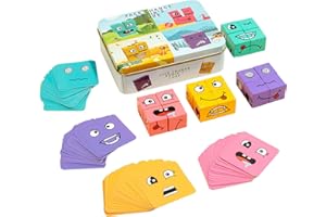 VORAE Wooden Face Changing Magic Cube Game, Wooden Expression Matching Block Puzzles Face Building Blocks Game for Parent-child Educational Montessori Toys (Iron Box)