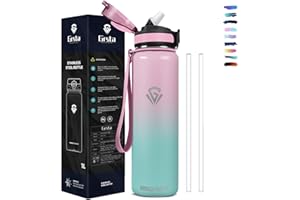 Grsta Gourde, Gourde Isotherme 1l, Sans BPA,Gourde Inox avec Paille, Double Paroi Isolante, Gourdes de Camping et Randonnée Anti Fuite, Facile à Ouvrir, Bouteille pour École, Bureau, Outdoor, Sport