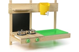 BlueWood Matschküche Kinder Outdoor, Holzspielzeug, Kinderküchen-Spielset mit, Spielfutter, Küchenzubehör, Kochset, Geschenk für Mädchen und Jungen, Drinnen und Draußen Aktivitäten-Wandhängerversion