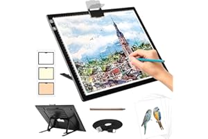 Zocelight A3 Leuchttisch für Diamantmalerei,Leuchtkasten mit Ständer und Clip,3 Farben, stufenlos dimmbar und 6 Helligkeitsstufen,Kabelloses Lichtplatte für Zeichnen, Skizzieren, Animation(Schwarz)