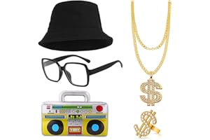 BIQIQI Kit de Disfraces de Hip Hop 90's 80's Rapero Accesorios Sombrero del Cubo Collar de Cadena de Oro con Signo de Dólar Gafas Boom Box Inflable Party Favors Decoración de Fiesta